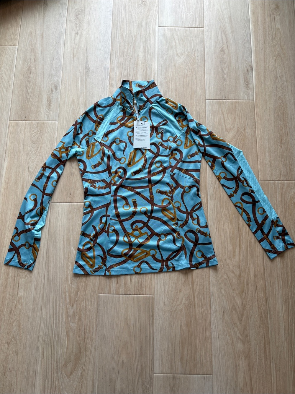 NWT Ariat- Tek Teal Blue Printed Long-Sleeve Cooling Zip Neck Top small - Picture 2 of 6